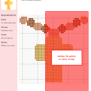 Image of a cross-stitch pattern depicting a golden cross pendant on a brown beaded rosary chain.