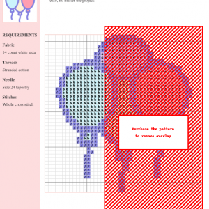 Image of a cross stitch pattern featuring three pastel-colored balloons: light blue, lavender, and pink. Simple, charming design ideal for beginners.