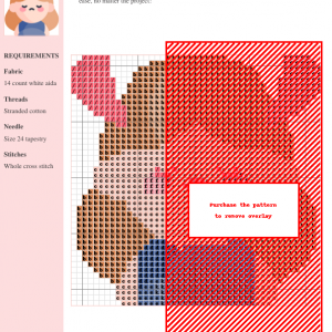 Image of a cross stitch pattern featuring a cute, kawaii-style girl with antlers and a sad expression. The design is predominantly pink, orange, and blue.
