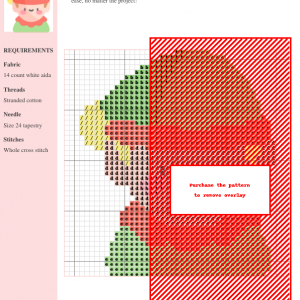 Image of a charming elf cross stitch pattern featuring a cheerful elf in green and red, perfect for Christmas crafting.