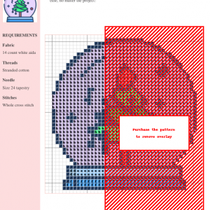 Cross stitch pattern design depicting a Christmas tree inside a snow globe, featuring a simplified, charming style with pastel colors.