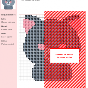 Image of a cute, cartoon-style black panther cross stitch pattern. The design features grey and pink colors and is suitable for beginner stitchers.