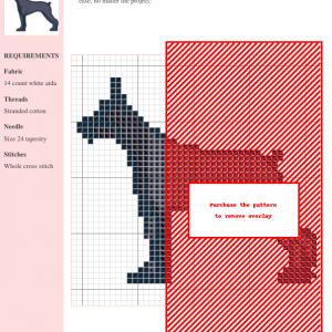 Cross stitch pattern showcasing a Doberman Pinscher, depicted in profile with sleek lines and dark gray coloring.