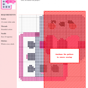 Cross stitch pattern featuring a kawaii marshmallow character wearing a pink bow tie, next to a pink chocolate box.