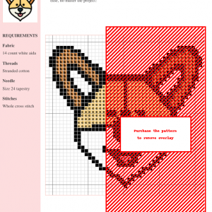 Image of a charming cross stitch pattern depicting a Corgi's head in warm orange and white tones.