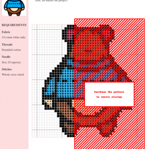 Cross stitch pattern featuring a cute brown bear wearing a blue sweater with a simple fair isle pattern.
