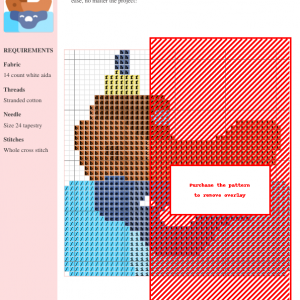 Cross stitch pattern featuring a charming cartoon ship sailing above a playfully sad oil spill.