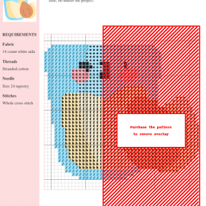 Cross stitch pattern featuring a kawaii cartoon illustration of a carton of almond milk and almonds.