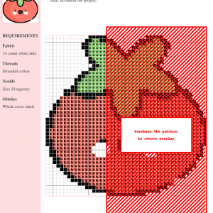 Cross stitch pattern design featuring a charming cartoon tomato with a smiling face and green leafy top.