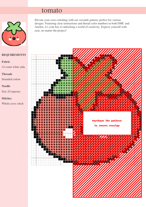 Cross stitch pattern design featuring a charming cartoon tomato with a smiling face and green leafy top.