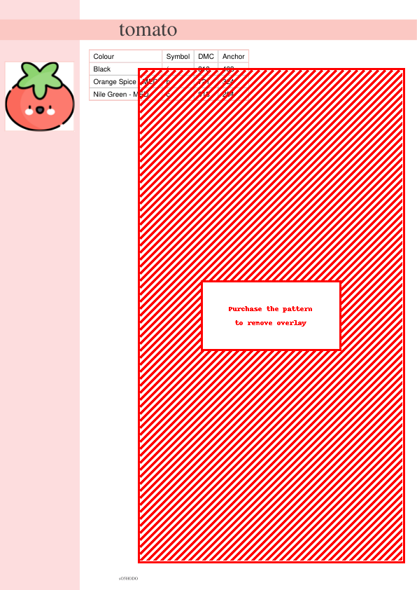 Cross stitch pattern depicting a charming cartoon tomato with a green calyx and blushing cheeks.