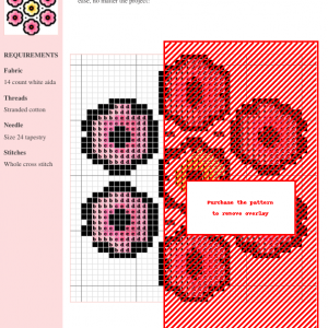 Image of a Lantana cross stitch pattern featuring seven stylized flowers; six pink and one yellow, arranged in a circular pattern.