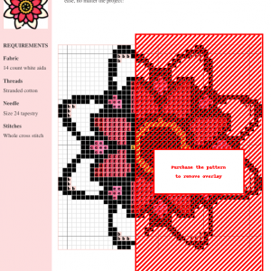 Image of a vibrant lotus flower cross stitch pattern featuring pink and cream petals, a yellow center, and black outlines.