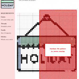 Image of a cross stitch pattern depicting a hanging calendar with the word 'HOLIDAY'. The calendar is light blue and mint green.