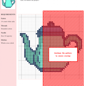 Cross stitch pattern featuring a charming teal teapot with a light blue lid. Perfect for tea lovers and cross-stitch enthusiasts.