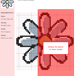 Image of a cross stitch pattern featuring a charming light blue daisy with a yellow center.