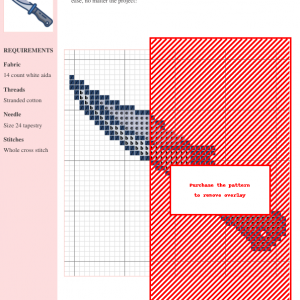 Cross stitch pattern of a detailed knife, featuring gray and blue color palette.