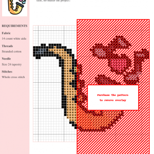 Image of a saxophone cross stitch pattern design. The saxophone is gold and orange, surrounded by musical notes and a heart.