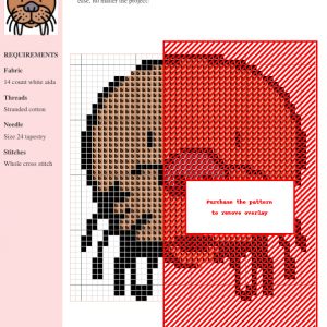 Cross stitch pattern featuring a charming walrus face with detailed whiskers and tusks. Brown, gray, and black colors used.