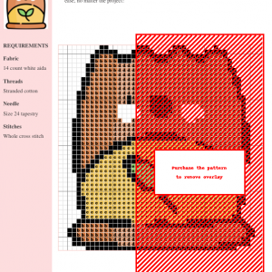 Cross stitch pattern of a cute, cartoonish seed packet featuring two green leaves. The packet is orange and yellow.