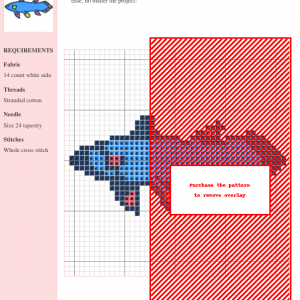 Cross stitch pattern of a colorful coelacanth fish, featuring blues, reds, and yellows. A detailed, whimsical design perfect for crafting.