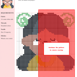 Cross stitch pattern featuring a cartoon girl with closed eyes and swirling green symbols above her head, symbolizing anxiety.