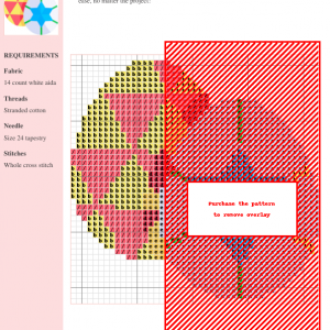 Cross stitch pattern featuring two Easter eggs with geometric designs; one with red and yellow triangles, the other with a blue star and green lines.
