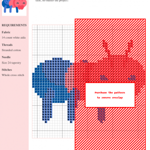 Cross stitch pattern featuring a charming cartoon ant in pink and blue.