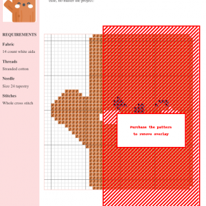 Cross stitch pattern of a cute, cartoonish log with a smiling face and waving arm. Warm brown and orange tones.