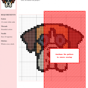 Cross stitch pattern featuring a charming Boxer dog head, in brown, tan, and white.