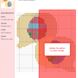 Image of a cross stitch pattern featuring two decorated Easter eggs inside speech bubbles, in pink, blue, and green.