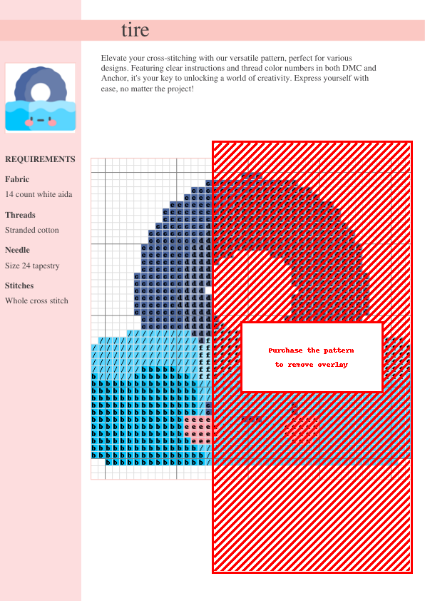 Cross stitch pattern featuring a cute cartoon inner tube floating in water.