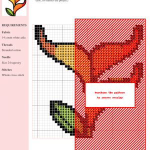 Image of a Heliconia cross stitch pattern featuring two stylized orange and yellow flowers with green leaves.