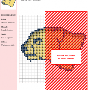 Cross stitch pattern of a cheetah's head in profile, rendered in yellow and dark blue thread.