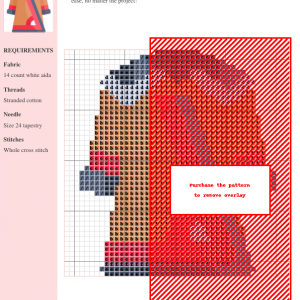 Cross stitch pattern depicting a stylized geometric coat in shades of orange, red, gray, and white.
