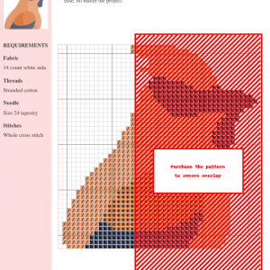 Cross stitch pattern featuring a charming bohemian waxwing bird wearing a mask, in shades of peach, orange, and blue.