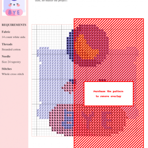 Adorable cross stitch pattern featuring a kawaii pillow character saying 'BYE' with a crescent moon above it. Pastel purple, pink, and yellow colors.