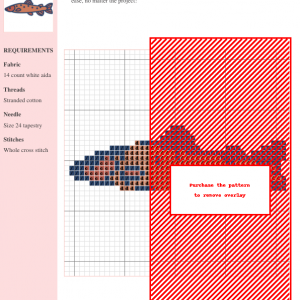 Image of a cross-stitch pattern depicting a detailed trout fish in shades of orange, brown, and blue.
