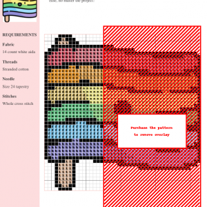 Cross stitch pattern depicting a cute, cartoon-style rainbow flag with a surprised facial expression.