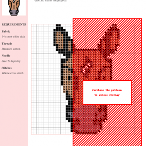 Close-up of a charming cross-stitch pattern depicting the head of a brown horse with a white blaze. Simple, charming design ideal for beginners.