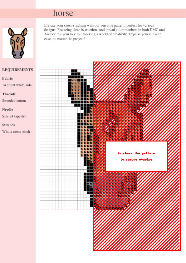 Close-up of a charming cross-stitch pattern depicting the head of a brown horse with a white blaze. Simple, charming design ideal for beginners.