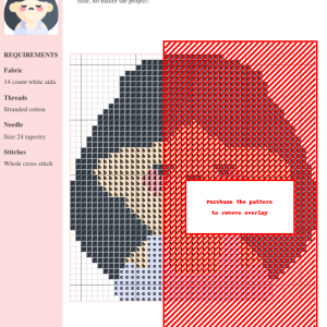 Image of a cross stitch pattern featuring a cute, kawaii-style girl with rosy cheeks, closed eyes, and a sad expression.