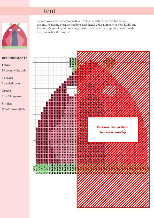 Cross stitch pattern of a charming red tent with green accents, resembling a ladybug. Perfect for beginners.