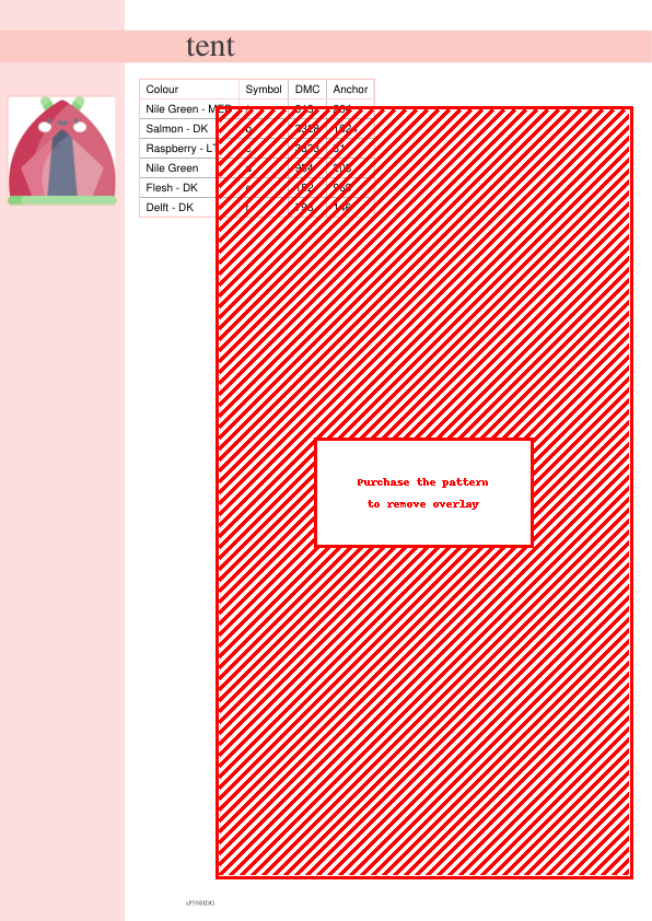 Cross stitch pattern depicting a cute, cartoonish red tent with green accents. Perfect for beginners and experienced stitchers.