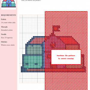 Cross stitch pattern depicting a vibrant, colorful university building with a flag, perfect for needlepoint enthusiasts.