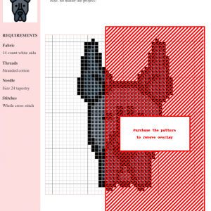 Image of a cross stitch pattern depicting a stylized Great Dane dog head in shades of grey and blue.