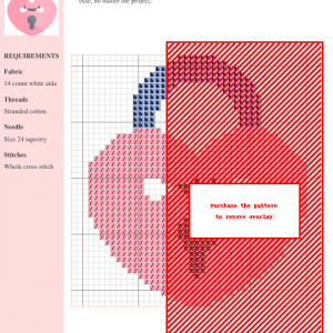 Cross stitch pattern of a cute heart-shaped padlock with a smiling face, featuring pastel pink and purple colors.