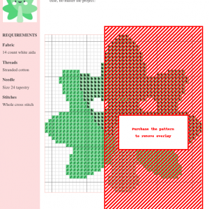 Image of a charming cross-stitch pattern featuring a stylized, smiling weed leaf in shades of green.