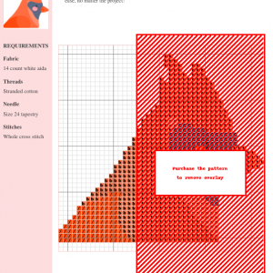 A charming cross stitch pattern featuring a cheerful cardinal bird in shades of red, orange, and gray.