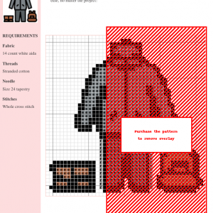 Cross stitch pattern depicting a winter outfit: grey jacket, pants, boots, and a brown backpack.